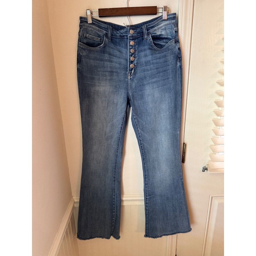 Flying Monkey High Rise Flare Jeans Button Fly Raw Hem Medium Wash Size 31